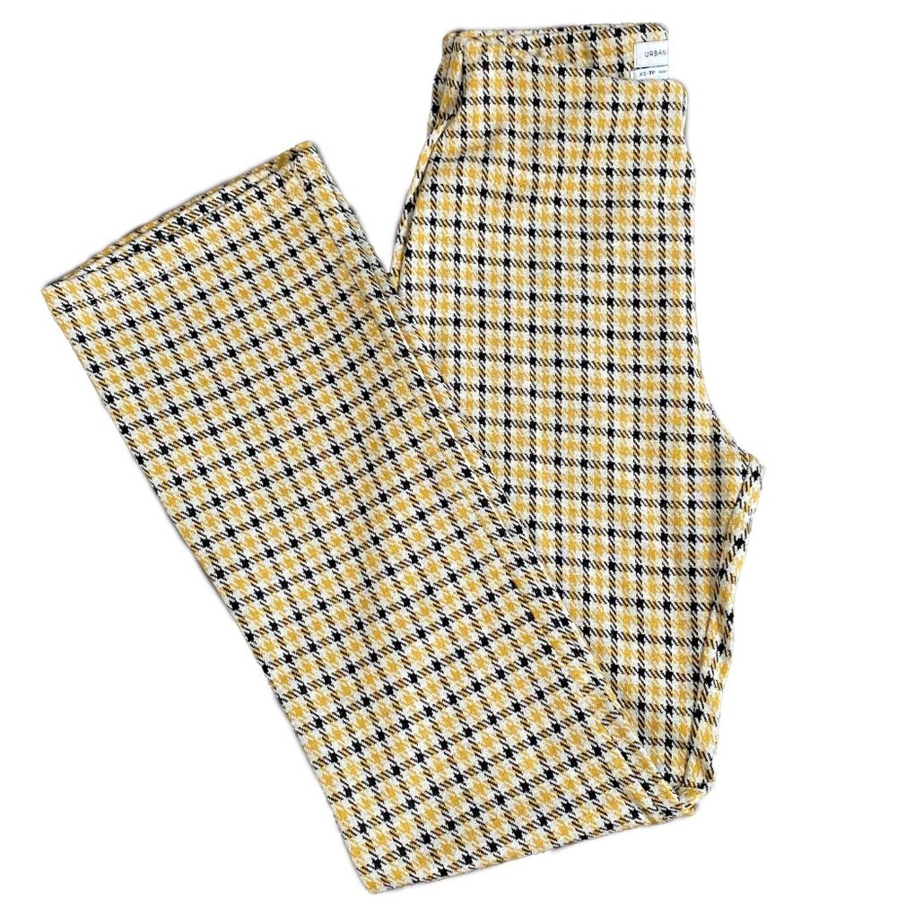 UO Cara Pants Women XS Yellow Black Plaid Kick Flare Knit Crop Stretchy Comfy